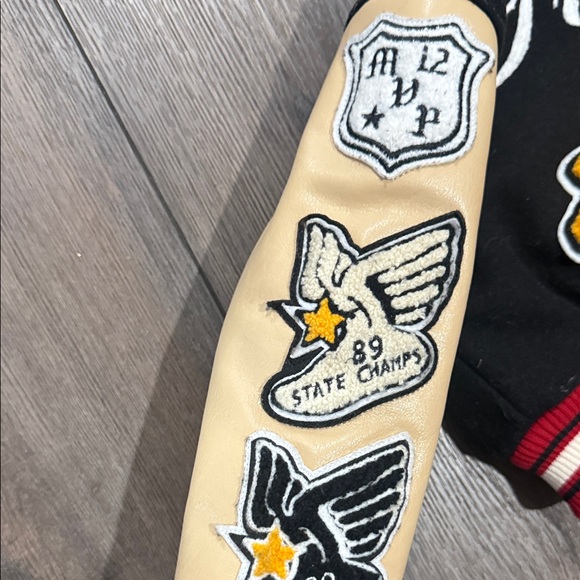 Kids Varsity Jacket with Patches - Black and Tan - Picture 4 of 5